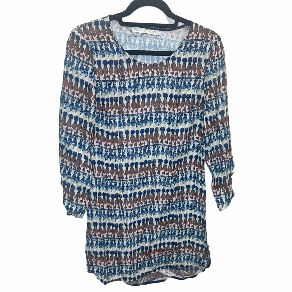 Marie Oliver Blue Tassel Print Silk Dress Size Xsmall